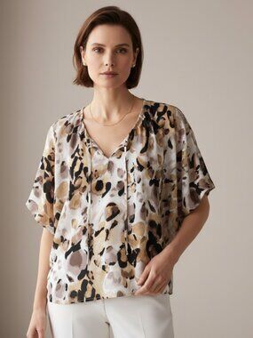 Loft S Women's Beige Brown Animal Print Keyhole Tie Neck Top SS‎ Boho Chic Indie